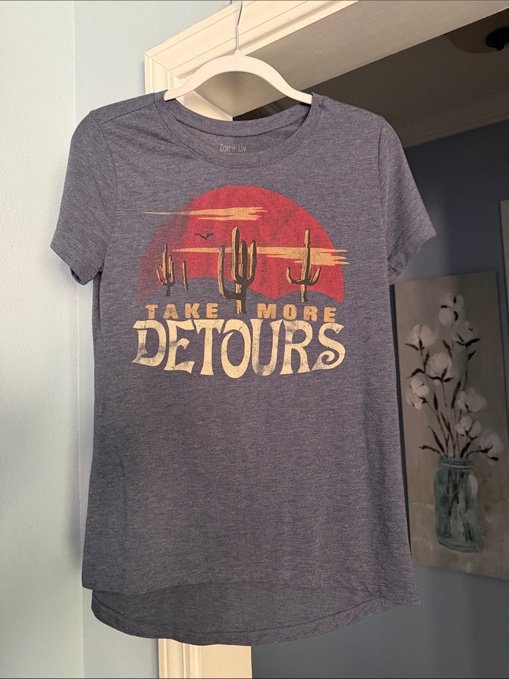 Zoe + Liv Heather Navy 'Take More Detours' Graphic Tee with Red and Gold Print